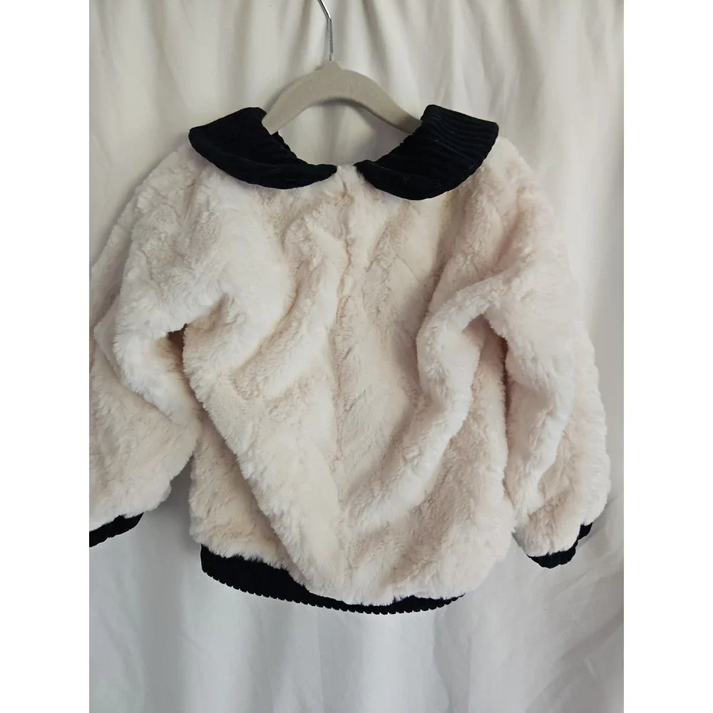 RZ by Rachel Zoe Girls 4T Ivory Faux Fur Pullover Navy Velvet Collar Sweater